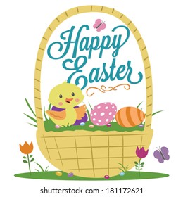 Happy Easter Basket Duck Eggs Flowers Jelly Beans Vector