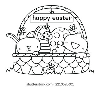 Happy Easter basket with eggs, bunny and chick vector illustration