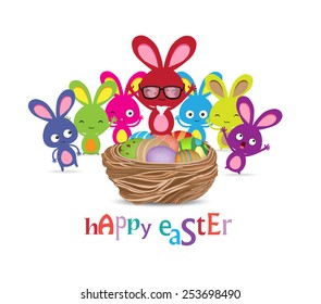 happy easter with basket of eggs and bunny funny