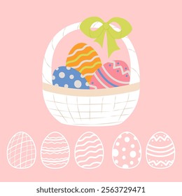 Happy Easter. Basket with easter eggs decorated with bow. Vector illustration for greeting cards, posters, holiday covers.