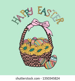 Happy Easter Basket, eggs, flowers, bunny, lettering hand drawn, vector. Cartoon style illustration Isolated on white background. Easter label designs