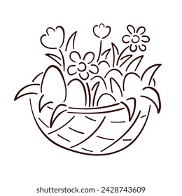 Happy Easter Basket with eggs, flowers daisy and tulip. Line art, hand drawn style. Vector illustration isolated on a white background.