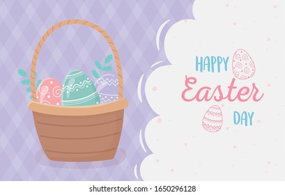 cesta feliz de la Semana Santa con huevos y decoración vegetal ilustración vectorial