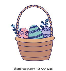happy easter basket with eggs foliage decoration vector illustration