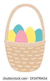 Happy Easter. Easter basket with eggs. Hand drawn April holiday greeting card. Wicker basket with coloured eggs. Vector stock illustration.