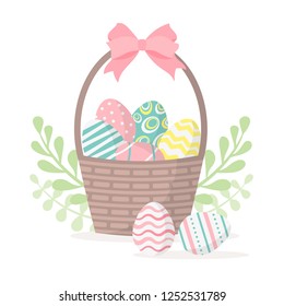 Happy easter. Basket with easter eggs isolated on a white background. Vector illustration.