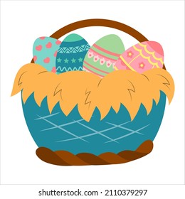 Feliz Pascua. Cesta con huevos de pascua aislados en un fondo blanco. Ilustración vectorial.