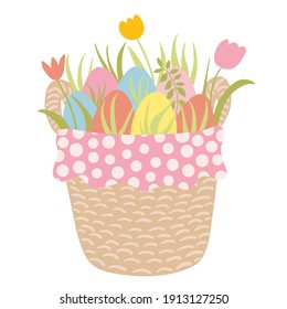 Happy Easter. Easter basket with eggs and spring flowers. Hand drawn greeting card with wicker basket with colourful eggs, tulips and green grass. Vector stock illustration.