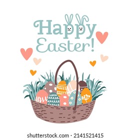 Happy Easter. Basket full of Easter eggs and grass. Vector illustration. Greeting card. Spring Holiday