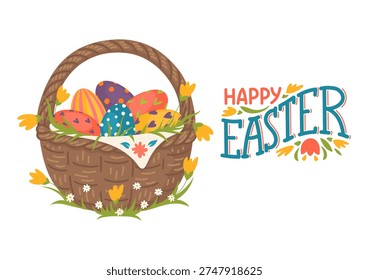 Happy Easter. Easter basket full of eggs and hand drawn greeting lettering.