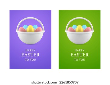 Happy Easter basket full of painted chicken eggs 3d greeting card set design template realistic vector illustration. Religious festive colored eggshell holiday present treat premium congratulations