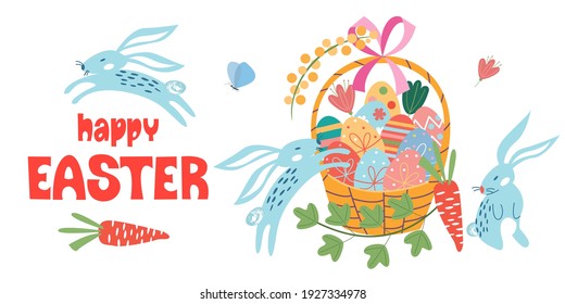 Happy Easter. A basket of painted eggs. Vector illustration.