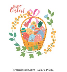 Feliz Pascua. Una cesta de huevos pintados. Ilustración vectorial.