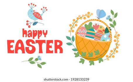 Happy Easter. A basket of painted eggs. Vector illustration.