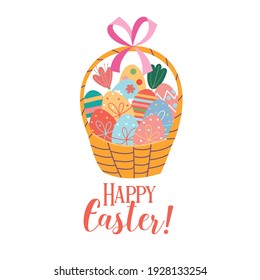 Happy Easter. A basket of painted eggs. Vector illustration.
