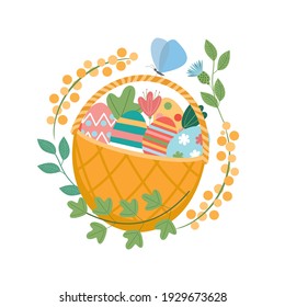 Happy Easter. A basket of painted eggs. Vector illustration.