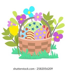 Happy easter basket with a set of eggs and flowers on green grass isolated on white. Easter greeting card. Vector illustration design.