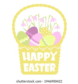 Happy easter basket silhouette and color eggs with flowers. Vector tender color style wicker basket illustration with text isolated on white for design