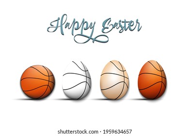 Happy Easter. Basketball ball and eggs decorated in the form of a basketball ball on an isolated background. Pattern for greeting card, banner, poster, invitation. Vector illustration