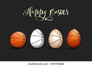 Happy Easter. Basketball ball and eggs decorated in the form of a basketball ball on an isolated background. Pattern for greeting card, banner, poster, invitation. Vector illustration
