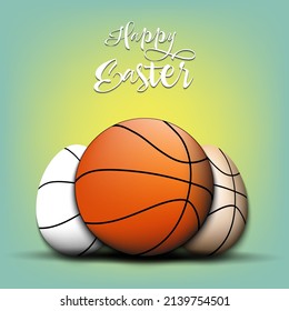 Happy Easter. Basketball ball and easter eggs decorated in the form of a basketball balls. Pattern for greeting card, banner, poster. Vector illustration on isolated background