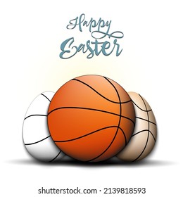 Happy Easter. Basketball ball and easter eggs decorated in the form of a basketball balls. Pattern for greeting card, banner, poster. Vector illustration on isolated background