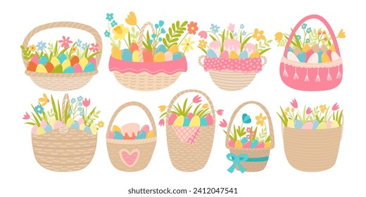Happy Easter baskets set. Vector Easter wicker baskets with eggs and spring flowers flat set