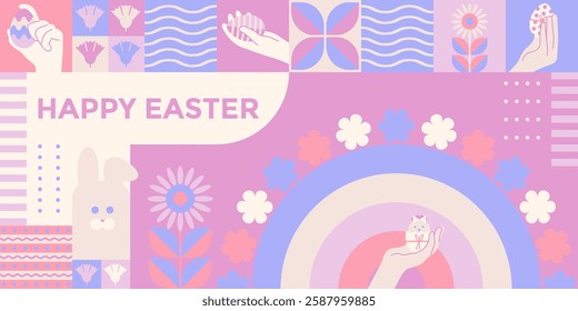Happy Easter Bauhaus, Easter egg, Easter bunnies,flowers. Geometric Minimalist background. Modern colorful pattern with abstract Easter icons. Fashionable design for posters, banners, postcards