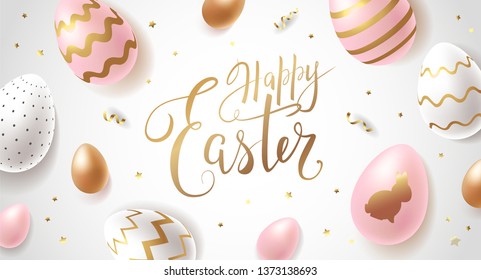 Happy Easter beautiful banner design concept with golden, white and pink realistic ornate eggs, handwritten lettering and gold confetti on light background. - Vector illustration