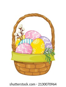 Happy Easter. Beautiful basket with colored eggs. Traditional Easter basket