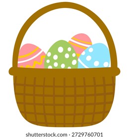 Feliz Páscoa. Bela cesta com ovos coloridos. Tradicional cesta de Páscoa. Ilustração vetorial sobre fundo branco