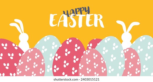 Happy Easter! Beautiful bright background with eggs and bunnies.Cute background,template,Easter wallpaper