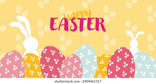 Happy Easter! Beautiful bright background with eggs and bunnies.Cute background,template,Easter wallpaper