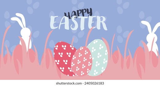 ¡Feliz Pascua! Hermoso fondo brillante con huevos y conejitos.Fondo corto, plantilla,Papel tapizado de Pascua