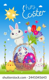 Happy Easter, beautiful card, funny animals, rabbit, little chicken, basket with Easter eggs. Vector illustration.