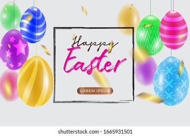 Happy Easter with beautiful colorful 3d eggs and confetti . Funny festive decoration for banner, greeting card, social media advertising. Vector illustration.