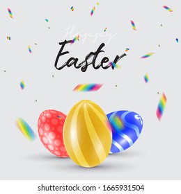 Feliz Pascua con hermosos y coloridos huevos 3d y confetti . Decoración festiva divertida para carteles, tarjetas de felicitación, publicidad en medios sociales. Ilustración vectorial.