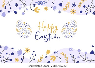 Happy Easter. Beautiful Easter egg adorned with flowers and leaves. Festive greeting card, poster, banner. Vector illustration