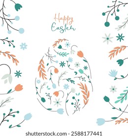 Happy Easter. Beautiful Easter egg adorned with flowers and leaves. Festive greeting card, poster, banner. Vector illustration