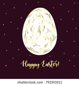 Happy Easter. Beautiful greeting card. egg with abstract nature plant gold ornament. Vector.