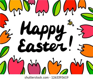 Happy easter beautiful hand drawn illustration with tulips and lettering