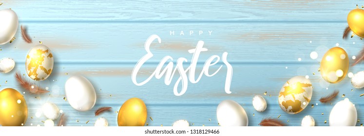 Happy Easter beautiful horizontal banner. Festive banner with realistic white and golden Easter eggs, sparkling golden confetti and feathers. Holiday vector illustration.