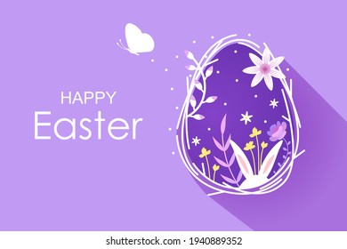 Happy easter. Beautiful Easter horizontal banner. Spring floral flat design. Vector illustration. 