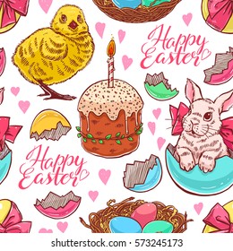 Happy easter. Beautiful seamless Easter background with rabbits and chickens. hand-drawn illustration