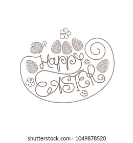Happy Easter. Beautiful template of fine inscription line, flower with butterfly and easter eggs. Vector typography design.