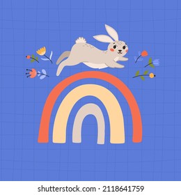 Happy Easter. A beige rabbit jumps among the flowers on a colored rainbow. Cute flat vector illustration isolated on purple background. Springtime.