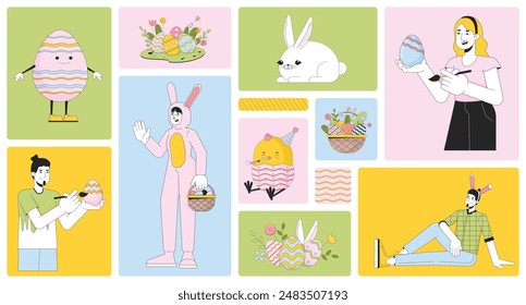 Happy Easter Bento Gitter Illustration Set. Eastertime Traditions 2D Vektorgrafik Bild Collage Design Grafik Kollektion. In: Eastertide April. Feiern von jungen Erwachsenen flache Charaktere Moodboard Layout