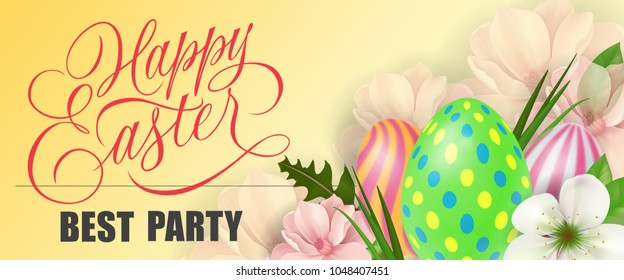 Happy Easter best party lettering with ornate eggs and flowers on yellow background. Greeting card, postcard, invitation. Easter holiday concept. Can be used for posters, leaflets and brochure