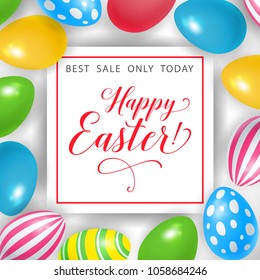 Happy Easter Best Sale Only Today lettering in frame. Easter invitation. Handwritten and typed text, calligraphy. For invitations, flyers, posters, leaflets and brochures.
