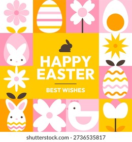 Happy Easter Best Wishes Card with Cute Flat Icons